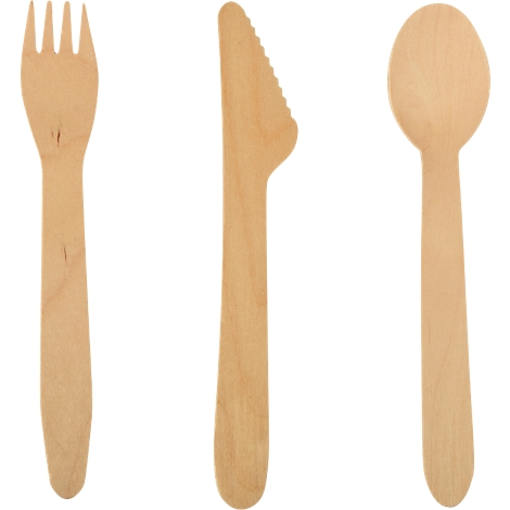 Couverts en bois : fourchette, couteau et cuillère. Sur fond blanc.