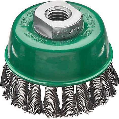Wire brush, green and metallic, with screw in the center.