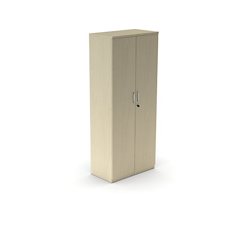 Beige cabinet with two doors, silver handles, and a keyhole.