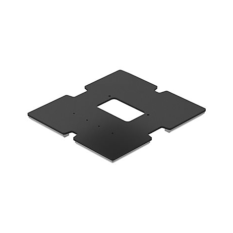 Plaque carrée noire avec un évidement rectangulaire et des trous. Coins coupés.