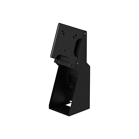 Schwarzer Metallhalter, schräg von oben fotografiert. Er hat eine abgewinkelte Form, mit einem Teil für eine mögliche Halterung und einem darunter liegenden Standfuß.