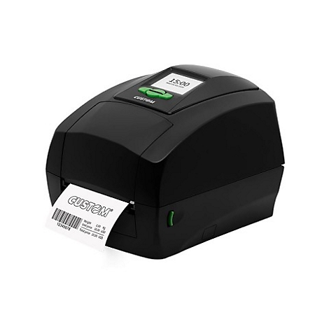 Imprimante d'étiquettes noire avec bouton vert et écran, imprimant une étiquette avec un code-barres et du texte.
