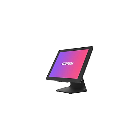 Schwarzer Touchscreen-Monitor mit lila-rosa Farbverlauf, 'CUSTOM'-Schriftzug.