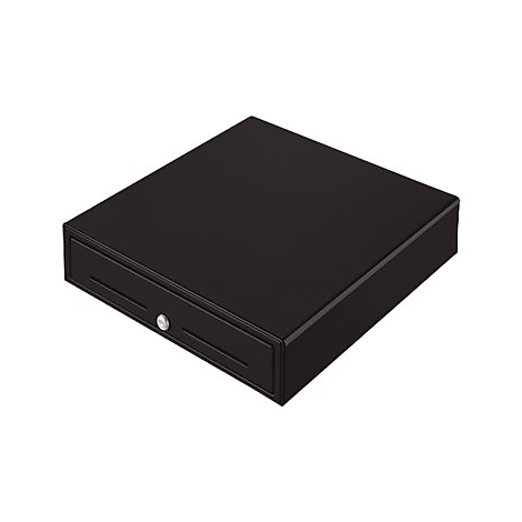 Schwarze Kasse mit Schublade und rundem Schloss.