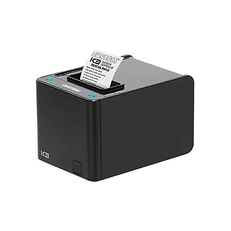 Schwarzer POS-Thermodrucker mit Papierausgabe. Auf dem Papier ist "CUSTOM K3 HIGH SPEED POS RETAIL PRINTER" gedruckt.