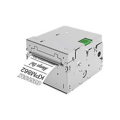 Silberner Drucker, der ein Papier mit der Aufschrift CUSTOM KPM862 Always On! ausdruckt.