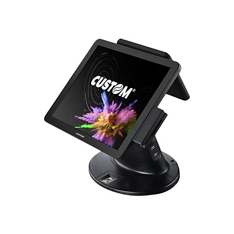 Ein schwarzes Kassensystem mit Touchscreen und CUSTOM Logo. Auf dem Bildschirm ein farbenfrohes Muster. Unten ein Fingerabdrucksensor.
