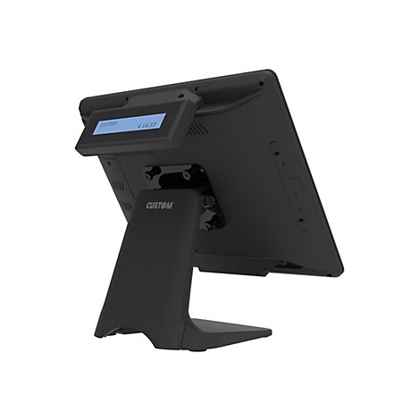 Schwarzes Kassensystem, Rückansicht. Kleiner Bildschirm zeigt „CUSTOM“ und €18,33 an. Schriftzug „CUSTOM“ auf dem Ständer.