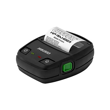 Mobiler schwarzer Custom MP Ranger Belegdrucker mit eingelegtem Thermopapier vor weißem Hintergrund.