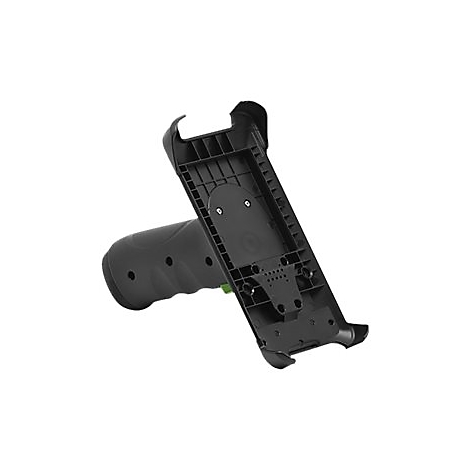 Schwarzer Barcodescanner, der leicht schräg vor weißem Hintergrund dargestellt wird. Ein Griff ist zu erkennen.