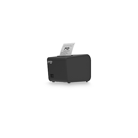 Imprimante de reçus noire, papier sortant ; texte : CUSTOM P3+ RECEIPT PRINTER.