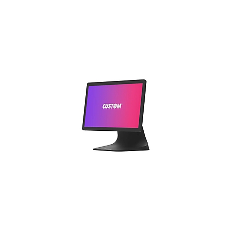 Moniteur de point de vente noir avec écran rose et violet affichant le mot 'CUSTOM'.