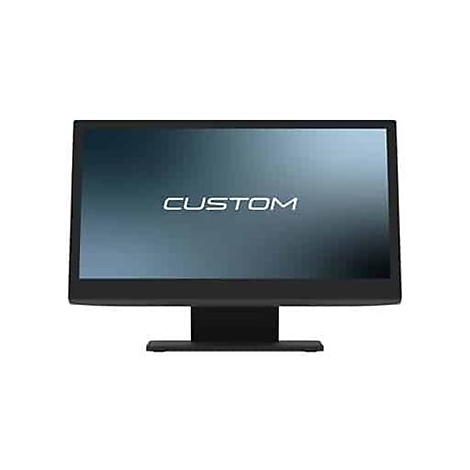 Moniteur noir affichant le mot "CUSTOM" en lettres blanches, sur fond blanc.