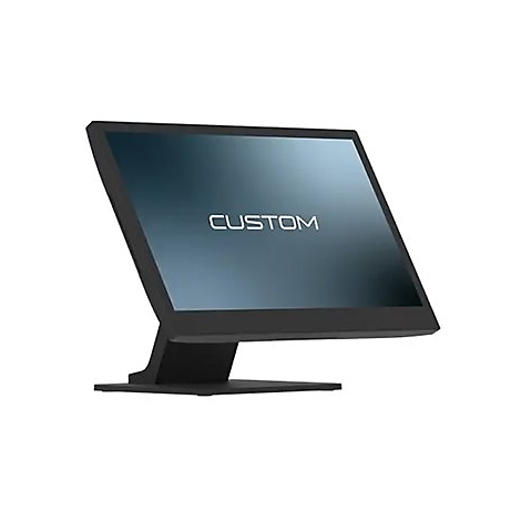 Écran tactile noir avec le mot "CUSTOM". Incliné sur une base noire.