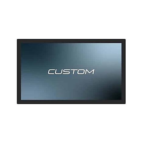 Écran plat, cadre noir, fond gris avec "CUSTOM" en lettres blanches.