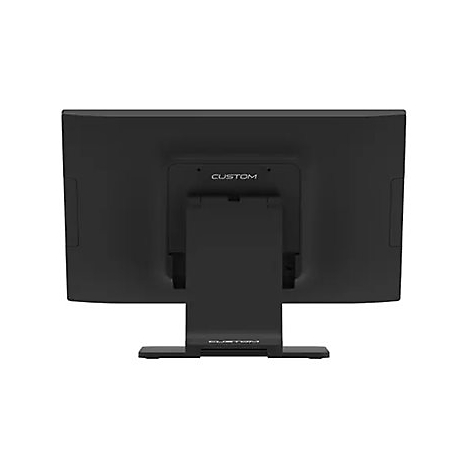 Vue arrière d'un moniteur noir avec pied. Le mot "CUSTOM" est visible.