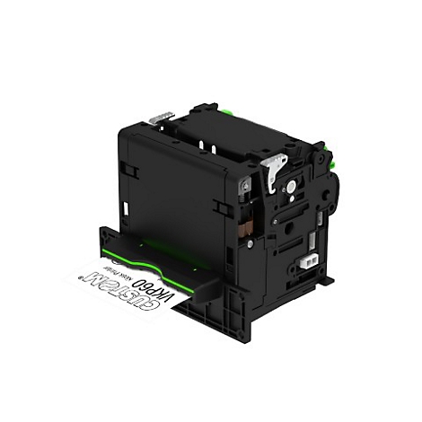 Kompakter Custom VKP60 Kiosk-Drucker vor weißem Hintergrund mit ausgegebenem Papierbeleg.