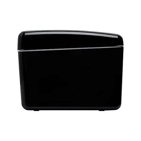 Schwarze, rechteckige Box mit glänzender Oberfläche; silberne Linie an der Oberseite, abgerundete Ecken.