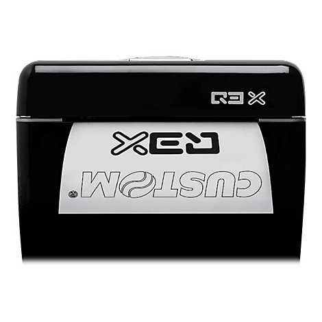 Schwarzer Aktenvernichter, REX-Logo. Auf weißem Aufkleber steht "CUSTOM".