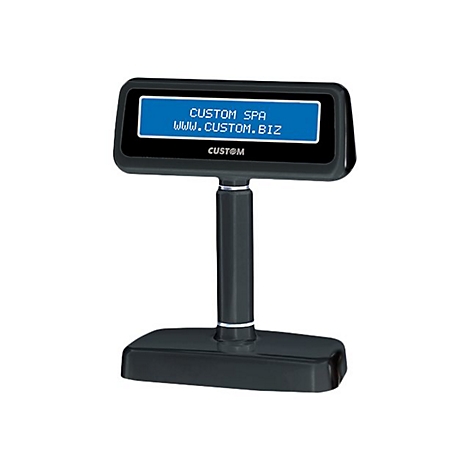 Schwarzes Kundendisplay mit blauem Bildschirm, der "CUSTOM SPA" und die Webadresse anzeigt.