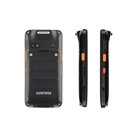 Schwarzes Industrie-Smartphone mit orangefarbenen Akzenten. Rückseite, linke und rechte Seitenansicht. Aufschrift 'CUSTOM'.