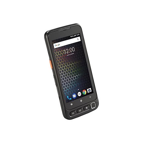 Schwarzes Smartphone mit orangefarbener Taste und Hexagon-Hintergrund. Auf dem Display ist 12:00 Uhr angezeigt.