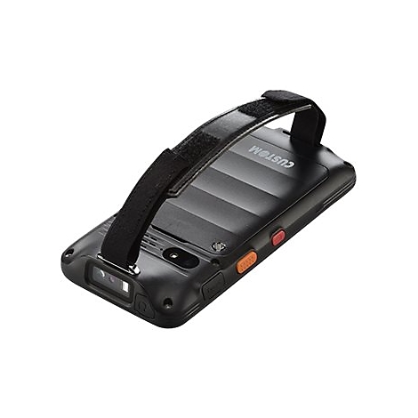 Schwarzes Handheld-Gerät mit Griffschlaufe und „CUSTOM“-Schriftzug. Orange und rote Knöpfe an der Seite.