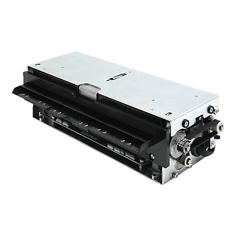 Technisches Druckermodul mit Metallgehäuse, schwarzen Kunststoffteilen und Zahnriemenantrieb auf weißem Hintergrund.