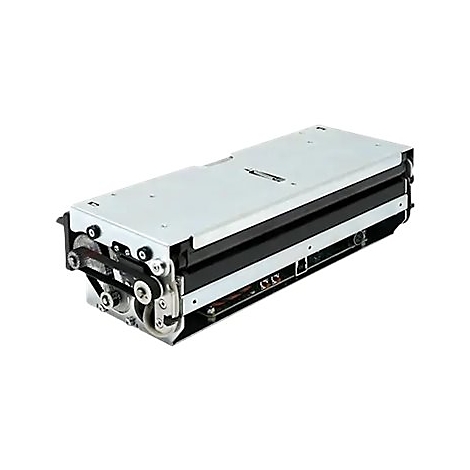 Technisches Druckermodul mit Metallgehäuse, Riemenantrieb und Elektronikkomponenten vor weißem Hintergrund.
