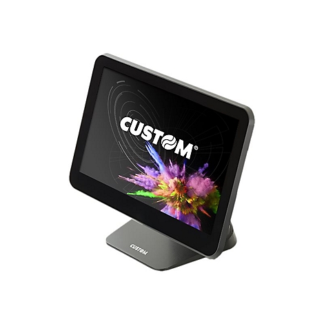 Ein POS-Terminal mit Bildschirm, auf dem das Wort "CUSTOM" und farbige Explosion zu sehen ist, steht auf einem Sockel.