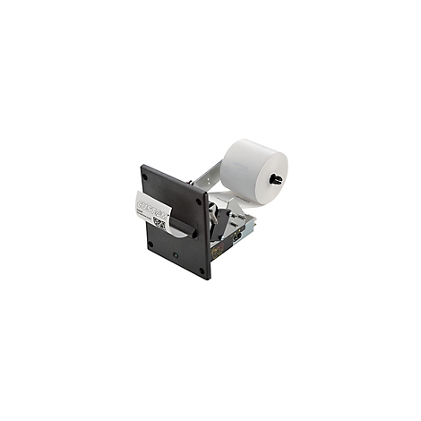 Ein grauer Thermodrucker, der eine Rolle weißes Papier hält, das zum Drucken von Belegen bereit ist.