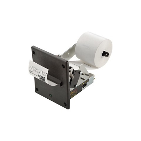 Ein Thermodrucker, der eine Quittung druckt. Neben dem Papierausgabeschlitz ist ein Papierrollenhalter mit einer Papierrolle.