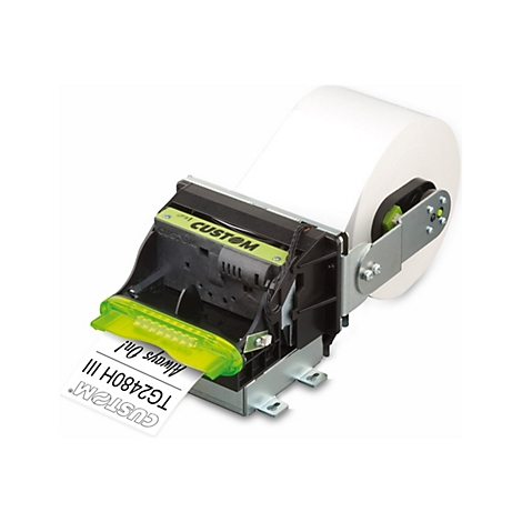 Drucker mit Papierrolle, Detail. Text: CUSTOM TG2480H III, Always On!