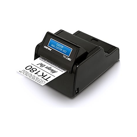 Imprimante d'étiquettes noire avec une étiquette blanche. L'écran affiche "CUSTOM". L'étiquette indique "TK180" et le slogan "Always on!".