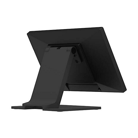 Moniteur noir vu de dos, sur un support. Design angulaire avec des bords tranchants. Sur fond clair.