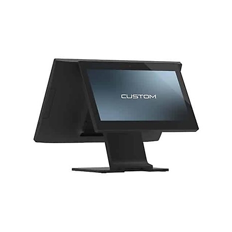 Schwarzes POS-System mit Bildschirm und Standfuß. Auf dem Display steht „CUSTOM“.