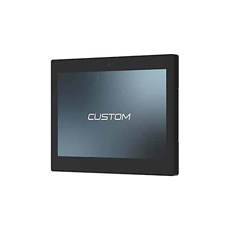 Schwarzes Tablet mit "CUSTOM" Schriftzug auf dem Bildschirm. Ein Rahmen umschließt das Gerät.