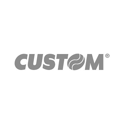 Graues Firmenlogo CUSTOM auf weißem Hintergrund, bei dem das O durch zwei geschwungene Linien ersetzt wurde.