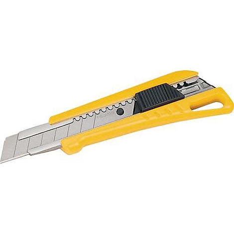 Un cutter jaune posé sur une surface blanche. La lame est argentée.