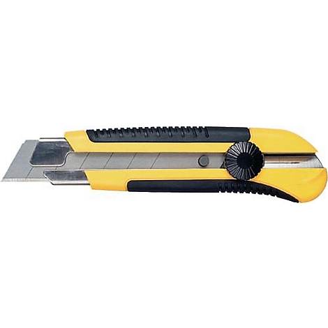 Cutter jaune et noir, lame en métal, molette de réglage.