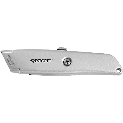 Ein silbernes Westcott-Teppichmesser. Es hat eine Klinge, einen Schieber, einen Schraubenkopf und eine Lochung.