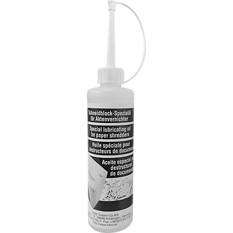 White special oil bottle for shredders. Inscription: Schneidblock-Spezialöl, Special lubricating oil, Huile spéciale, Aceite especial.