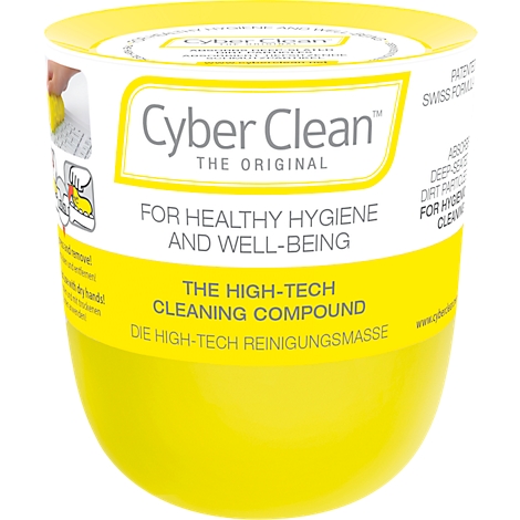 Gelbe Cyber Clean Reinigungsmasse, mit Schriftzügen, u.a. für gesunde Hygiene und Wohlbefinden.