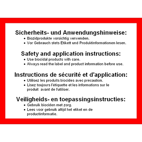 Text mit Sicherheits- und Anwendungshinweisen auf Deutsch, Englisch, Französisch und Niederländisch in rotem Rahmen.