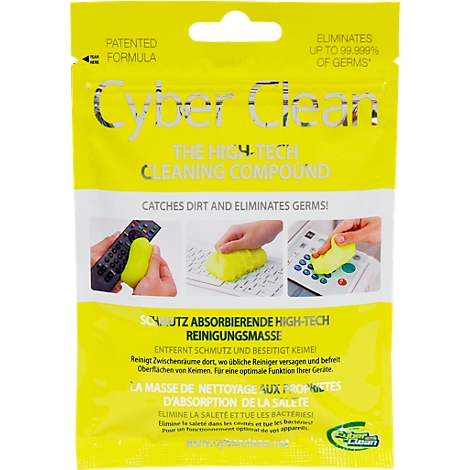 Gelbe Reinigungspaste Cyber Clean. Der Aufdruck zeigt die Reinigung von Fernbedienung, Tastatur und Bedienfeld.