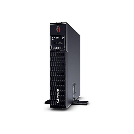 Ein schwarzes CyberPower USV-Gerät mit Beschriftung und Bedienknöpfen, steht aufrecht vor weißem Hintergrund.