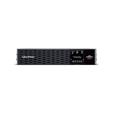 Schwarzes CyberPower USV-Gerät vor weißem Hintergrund. Das Display zeigt Informationen an.