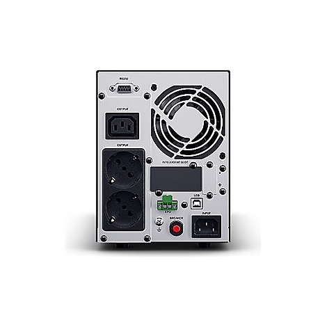 RÃ¼ckseite einer USV mit verschiedenen AnschlÃ¼ssen, Steckdosen und LÃ¼fter. Beschriftungen: Output, Input, Breaker.