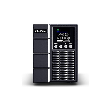 Schwarzgraues CyberPower USV-GerÃ¤t mit Display, Anzeige von -2300. KnÃ¶pfe: ON/OFF, Pfeile, ENTER. Vertikale LÃ¼ftungsschlitze.
