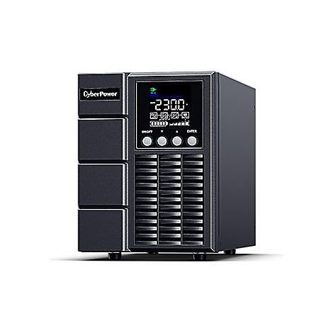Ein schwarzes CyberPower USV-GerÃ¤t mit Display. Das Display zeigt Zahlen und Symbole an. Rechts befinden sich drei KnÃ¶pfe.